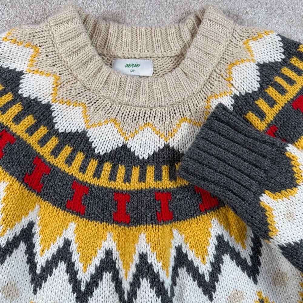Aerie Womens Small Fair Isle Chunky Knit Sweater Gray Yellow Nordic Pullover